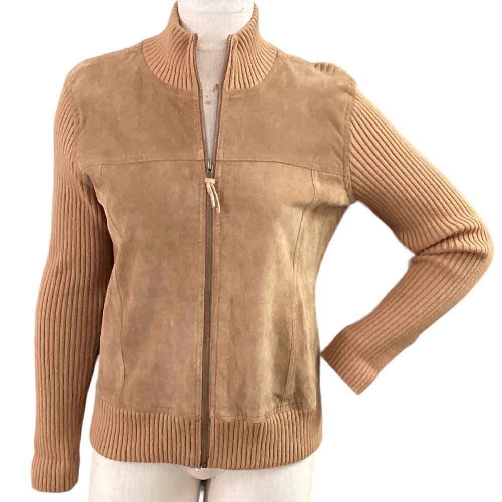 Eddie Bauer Seattle Suede Full Zip Jacket Suede & Rib‎ Knit Sleeve M Tan 153i